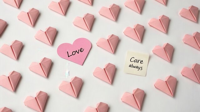 Pink origami hearts scattered with love message on white