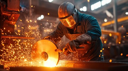Skilled Worker in Protective Gear Operating Grinding Machine in Workshop