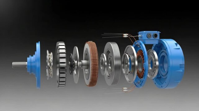 Exploded view of complex motor or pump showcasing its internal components shaft blue impellers metallic discs copper windings bearings and control unit inside the blue casing