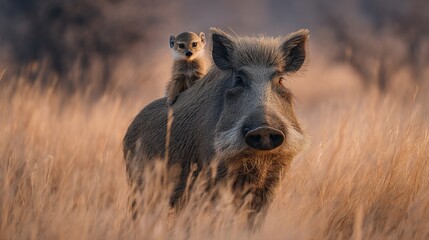 Warthog With Meerkat Its Back