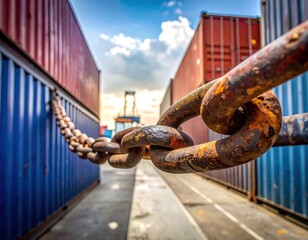 Naklejka premium Rusty chain between shipping containers