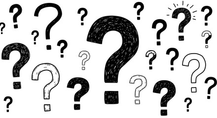 Illustration of question marks in black and white various sizes on background