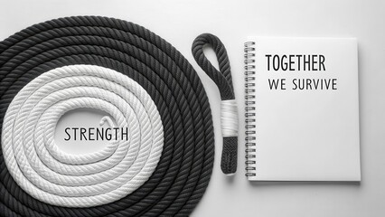 Black and white woven rope arranged to symbolize strength