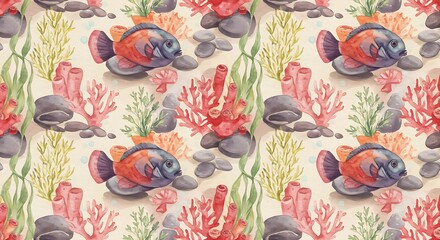 Colorful underwater scene with fish coral and seaweed pattern design