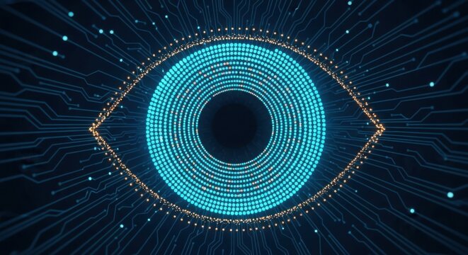Digital eye formed by glowing blue dots and lines on a dark background with circuit board pattern