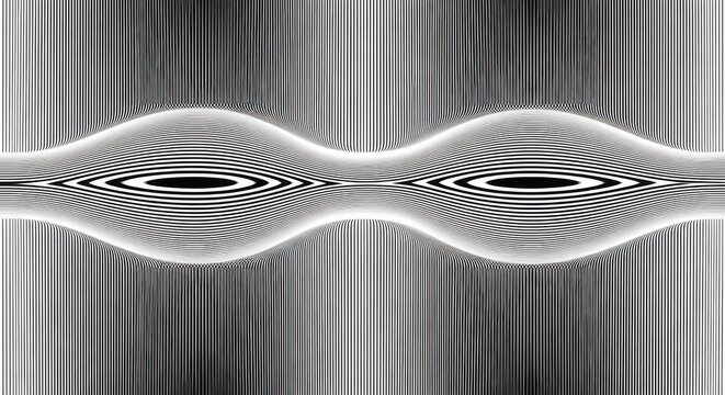 Abstract optical illusion with black and white lines forming eye like shapes in a symmetrical pattern