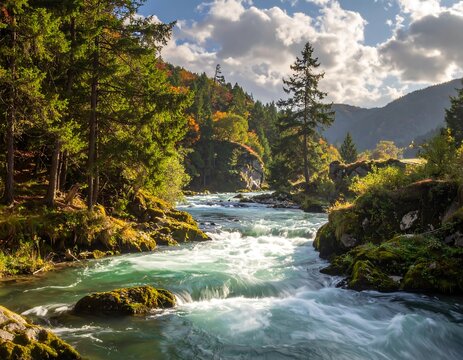 Idyllic depiction of a rushing river amidst a vibrant forest landscape - Powered by Adobe