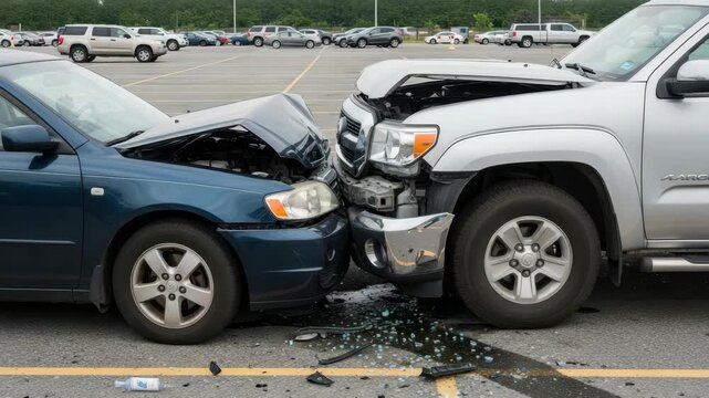 Two vehicles dark blue car and silver utility vehicle are nose-to-nose after collision in parking lot Both have crumpled fronts shattered lights and debris/glass/liquid on the asphalt