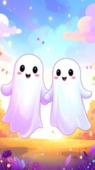 Two happy ghosts in a colorful autumnal landscape
