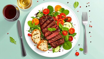 Gourmet steak dinner with wine, salad, and bread, perfect for a restaurant menu
