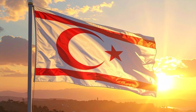 Beautiful sunset with North Cyprus flag waving gracefully, symbolizing freedom and vibrant culture in warm, inviting light during golden hour