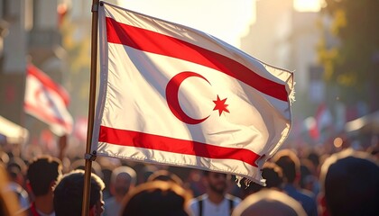 North Cyprus flag waving proudly amidst a crowd, bathed in golden sunlight symbolizing freedom and national pride during celebration event in city square