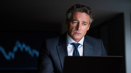 Worried investor in suit looking at laptop screen with financial chart in background.