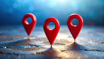 Red location markers pinpointing destinations on a textured surface, digital illustration