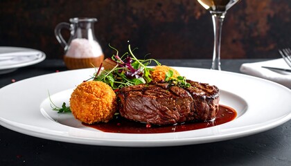 Gourmet Steak Dish with Sides and Wine for a Fine Dining Experience