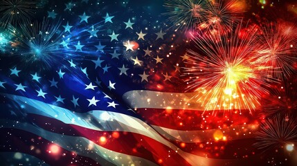 American flag with fireworks exploding in the background, celebrating independence day with patriotic colors