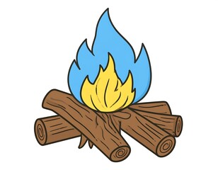Illustration of a Cartoon Campfire Burning with Blue and Yellow Flames