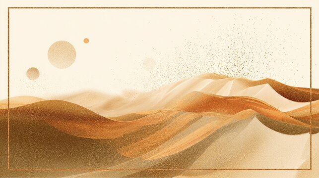 Abstract desert landscape with geometric shapes and gold accent framing element