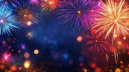 Fototapeta premium Vibrant fireworks illuminate the night sky, creating a dazzling display of color and light with bokeh effect