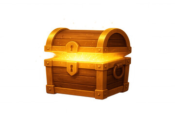 Wooden treasure chest with golden trim revealing glowing magic light on transparent background