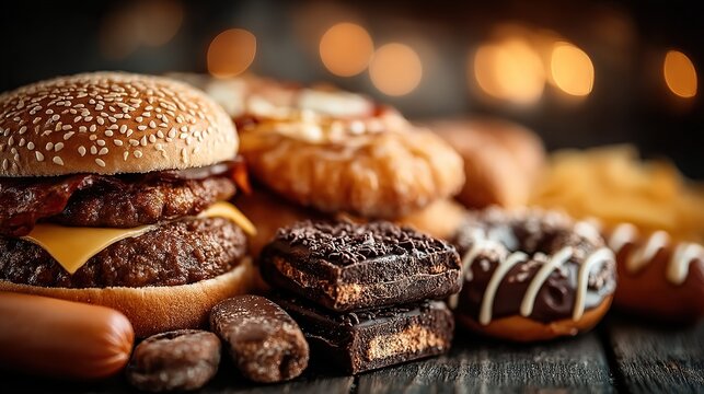 Assorted junk snacks pile for e-commerce promo header & nutrition blog top留白 template