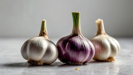Obraz premium Fresh organic garlic cloves arranged in three unique positions isolated on clean white flat background high resolution professional stock image perfect for food design and culinary content