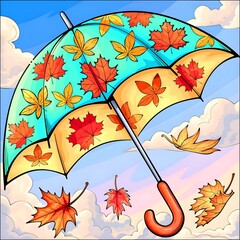 Autumn Leaves Floating with a Cheerful Umbrella