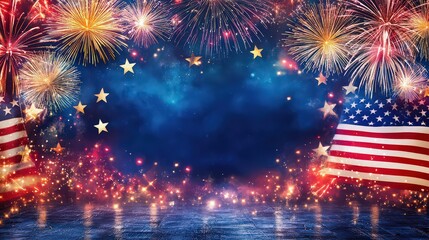 American flag and fireworks create a patriotic scene, celebrating independence day with stars and stripes