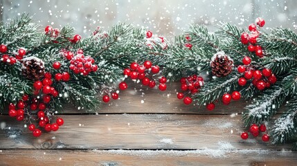 Festive christmas background with fir branches, red berries, and snow on a rustic wooden surface for holiday season