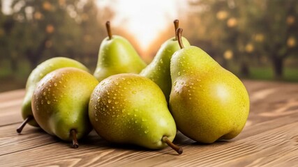A group of fresh, ripe green pears with water droplets resting on a rustic wooden table, with a sunlit orchard in the background. - Powered by Adobe