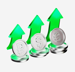 3D illustration of ruble, dollar and euro coins with green upward arrows symbolizing financial growth, investment success and rising currency exchange rates. Perfect for finance and business topics.