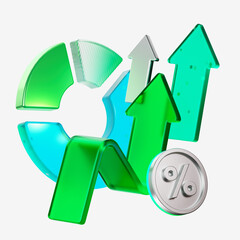 3D rendering of metallic percentage sign with green arrows and chart elements symbolizing growth, interest rates, and financial success. Ideal for investment, economy and banking concepts.