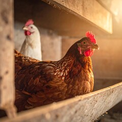 Two hens in a rustic coop bathed in golden sunlight