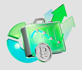 3D illustration of a glowing suitcase with ruble coin, arrows and graph line, symbolizing investments, portfolio growth and business success. Perfect for finance, banking and economic topics.
