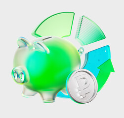 3D rendering of a glass piggy bank. A ruble coin with round arrows and a graph. The concept of finance, money accumulation, asset storage, digital economy and investment flow