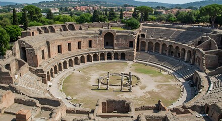Ancient roman theater ruins exterior view with sunlight and historical architecture