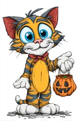 Cute Cartoon Cat with Pumpkin Basket for Halloween Celebration and Festivity