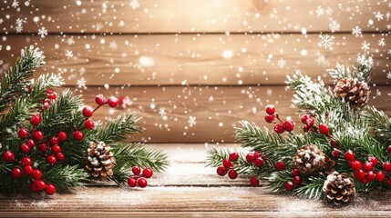 Festive christmas background with fir branches, red berries, pine cones, and falling snow on wooden surface