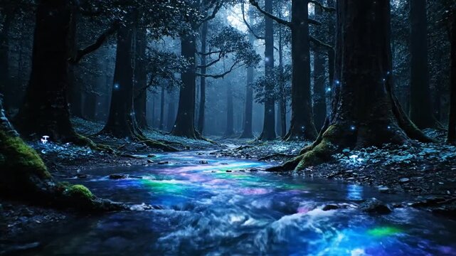 fantasy glowing river flowing through enchanted mystical forest