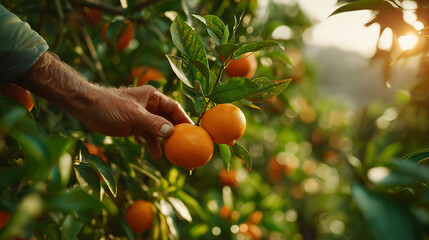 Orange Harvest: A close-up shot showcases a hand carefully picking ripe oranges from a vibrant tree in a sun-kissed grove.
