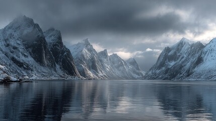 Dramatic, snow-capped mountain range reflects in calm, dark water under a moody, cloudy sky