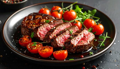 Gourmet steak dish with tomatoes and herbs, a culinary masterpiece, served on a plate