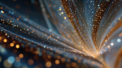 Digital Dawn: A mesmerizing display of glowing digital threads and radiant bokeh lights. This abstract image captures the essence of technology and the intricate beauty of data visualization.
