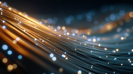 Illuminating Digital Fiber Lines: The vibrant, flowing strands of a fiber optic cable are aglow with data transmission, symbolizing the pulse of the modern digital age in a captivating light.