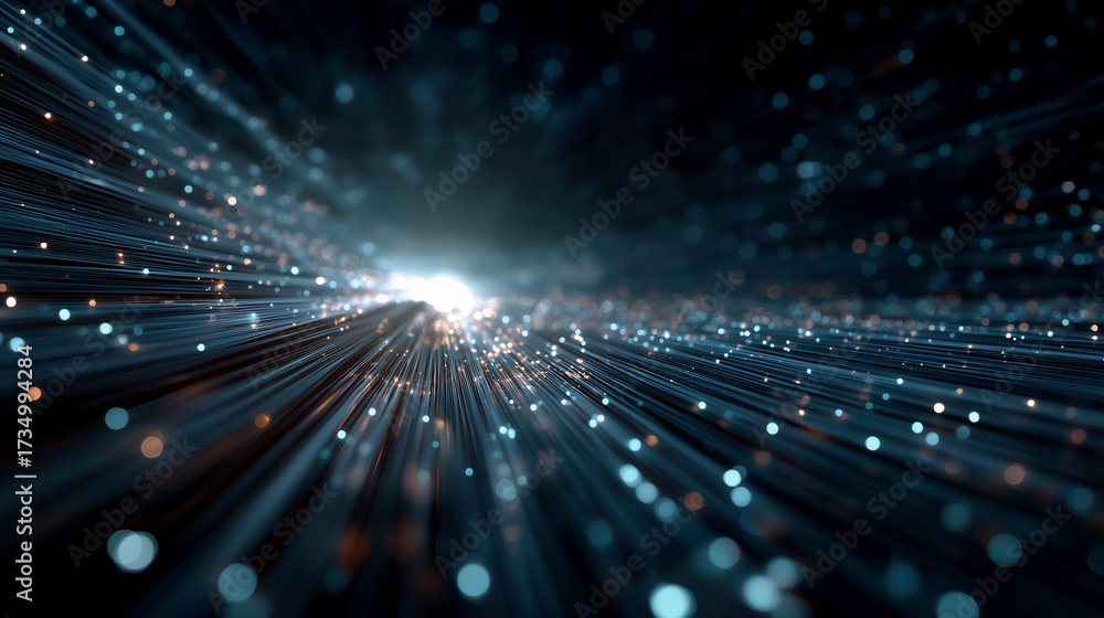 Wall mural digital light burst: dynamic digital streams converge to illuminate a dark, technological space, sym