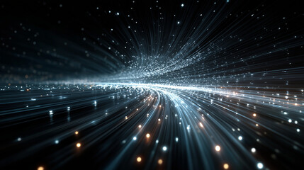 Illuminated Network of digital data: A digital data stream, illuminating with countless glowing data points and streaks, against a dark and expansive background.