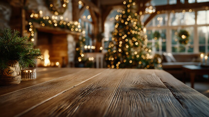 Christmas in Home: A cozy Christmas scene unfolds, where a decorated tree, fireplace and warm wooden table set the stage for a festive celebration, evokes warmth.