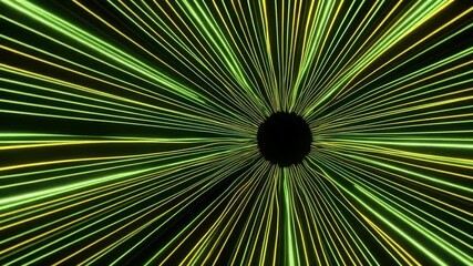 Hypnotic green and yellow neon lines converge towards dark central point immersive abstract tunnel of light The glowing filaments pulse through deep black void - Powered by Adobe
