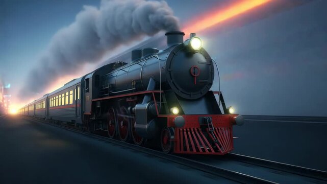black steam train with bright headlights and red cowcatcher races on tracks White smoke billows trailing long passenger cars against twilight sky with distant golden light