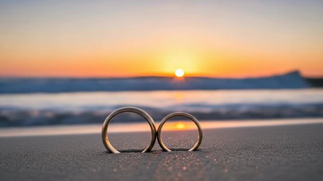 Two gleaming rings partially buried in shimmering sand on beach The background shows soft ocean waves and vibrant sunset horizon with beautiful gradient of orange yellow and blue